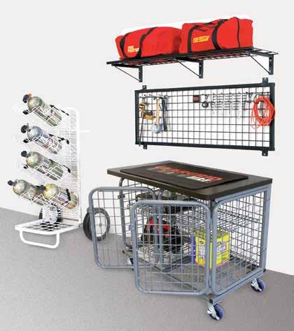 A SCBA Mobile Cylinder Cart Designed to accommodate up to 12 SCBA cylinders. Shelves are firmly secured with locking hardware, and include a securing strap for added cylinder protection. C Width.
