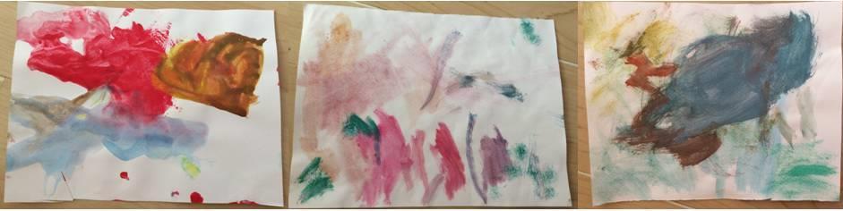 Na drugom radu vidljive su ravne okomite linije, deblje i tanje. Dio papira ostaje neobojan. Dijete koristi uglavnom crvenu i zelenu boju.