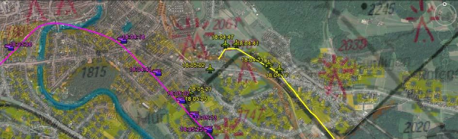 1 km Figure 1: A radar record of the aeroplane HB-SRB (yellow) and GPS data 2 of the helicopter HB-ZIE (pink) projected onto the aerodrome circuit geometry in accordance with the specifications of