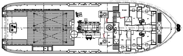 Deck layout: Winch arrangement stern view The deck machinery comprises a double drums DMT hydraulic driven Anchor Winch type AW200- H19K2, with a capacity of 15.3 (m) at 10m/min.