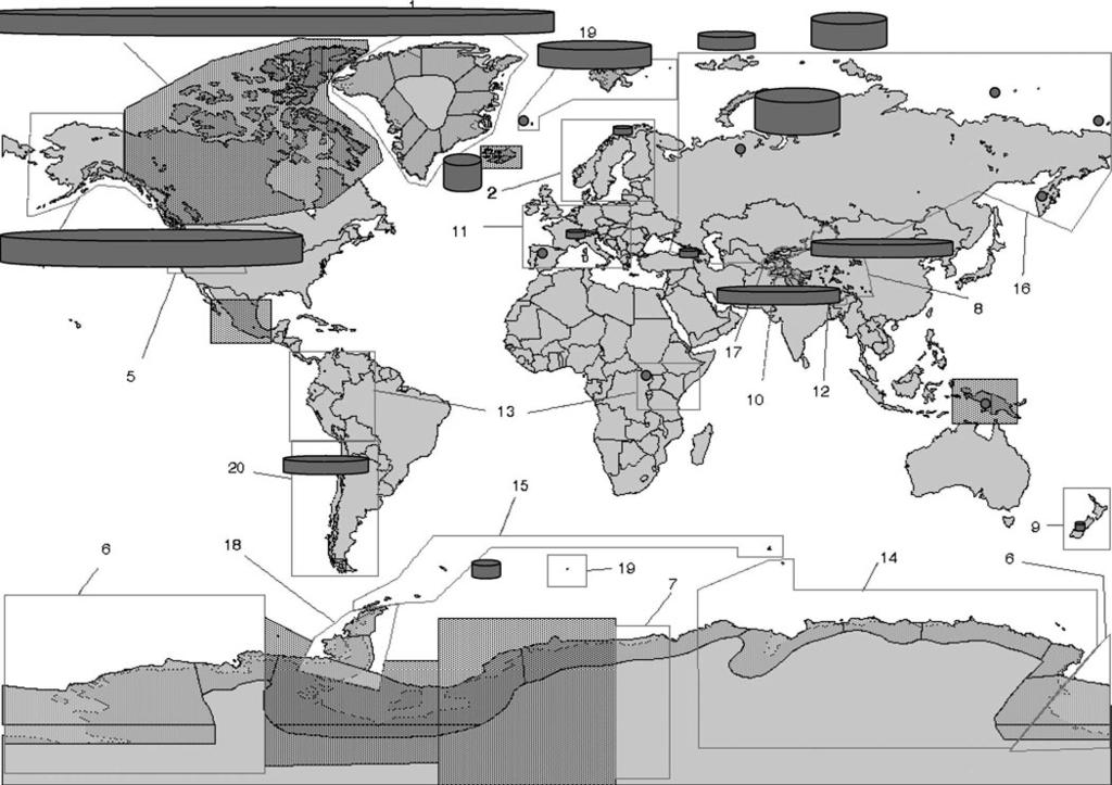 146 Ohmura: Completing the World Glacier Inventory Fig. 1. Global distribution of glacier ice outside Greenland and Antarctica. The columns represent the total regional ice volume.