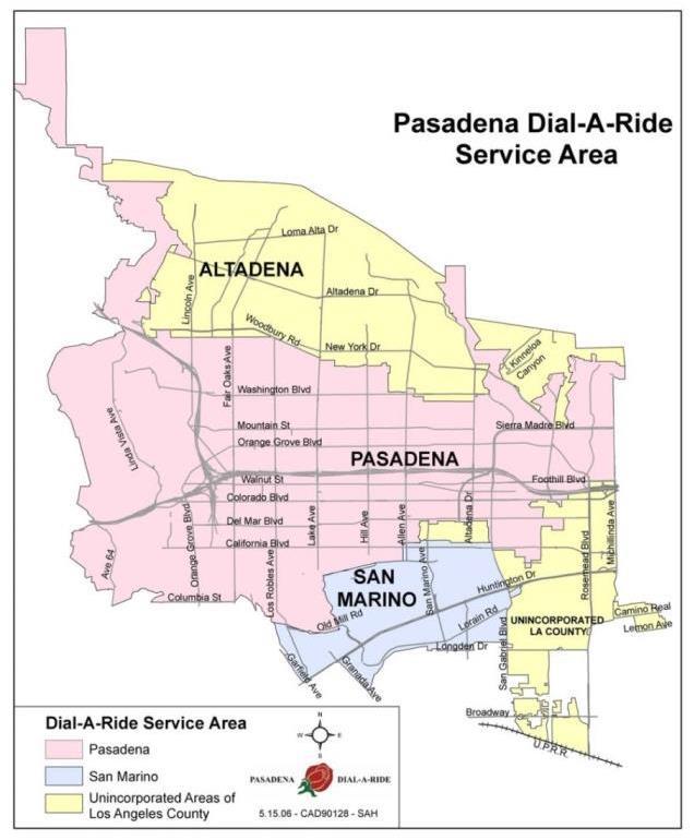 SECTION 2: DIAL-A-RIDE Pasadena Dial-A-Ride is a shared curb-to-curb transportation service for senior and disabled residents in a 36-square mile area that includes Pasadena, San Marino, and the