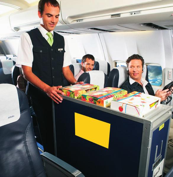 Advertisement placed on meal trolleys In Economy class, the passengers are certain to notice and often know the exact location of the meal trolley, so catch their eyes with an effectively