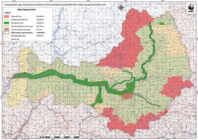 Nomination BIKIN RIVER VALLE A4. A topographic map, showing the boundaries of the nominated property Bikin River Valley and planned buffer zone. 1f. Area of nominated property (ha.