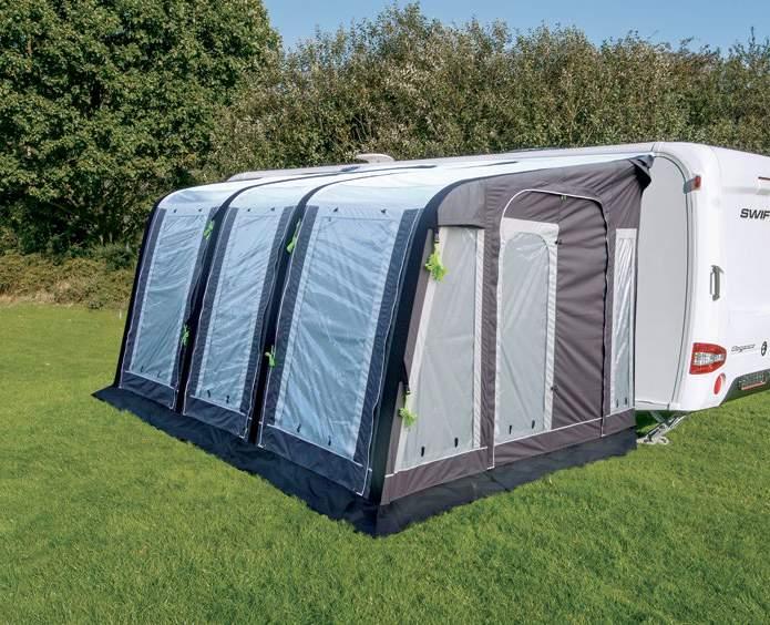with veranda option Window lights in roof with curtains Pump with gauge and dump valve AIR Storm Bars x9 AIR ANNEXE PLUS Three front airflow doorways with canopy option (Poles optional extra) 325