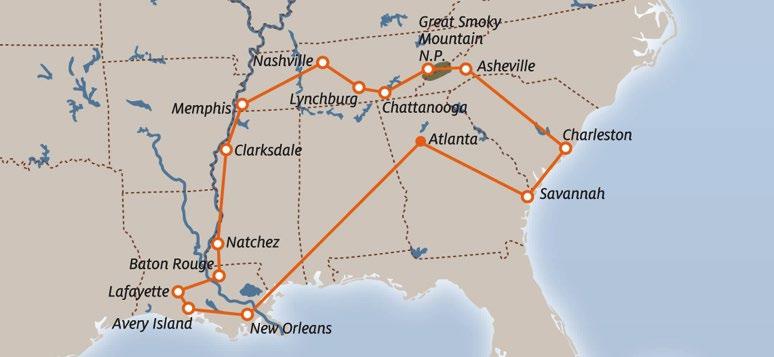 DAY 7 FRIDAY Memphis > Clarksdale > Natchez (215 m / 346 km) Today, travel south into the Mississippi Delta and stop at Clarksdale which is said to be the original birthplace of blues music.