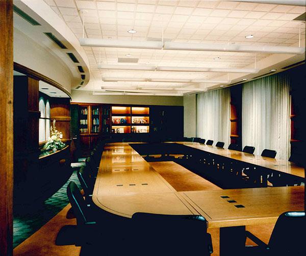 Walter Flanders Library and Conference Room: The distinguished conference room can accommodate up to 35 guests at our open-square boardroom table and is