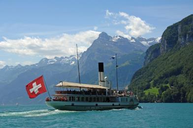 8 hours After a leisurely cruise on crystal-clear Lake Lucerne to Alpnachstad ascend by the steepest rack railway in the world to Pilatus Kulm, 7000ft high.