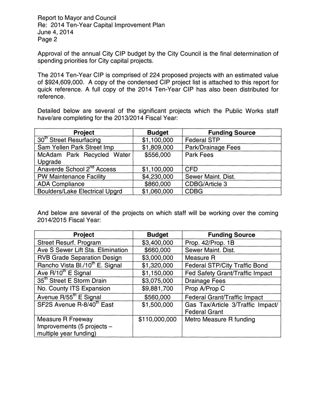 Report to Mayor and Council Re: 2014 Ten-Year Capital Improvement Plan June 4, 2014 Page 2 Approval of the annual City GIP budget by the City Council is the final determination of spending priorities
