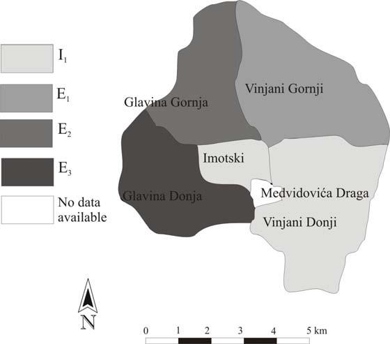 Fig. 4 Types of general population trend of the Town of Imotski in 1981/1991 intercensal period; I 1 expansion through immigration; E 1 emigration, E 2 depopulation, E 3 significant depopulation Sl.