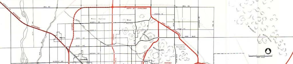 Figure 1 Early 1960 Freeway Map for Phoenix Metro Area (ADOT) the present day town of Needles (Beale s Wagon Road), the Santa Fe railroad, US 66 and eventually I-40 would follow this corridor.