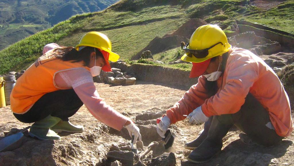 Professional Peruvian archaeologists excavating a