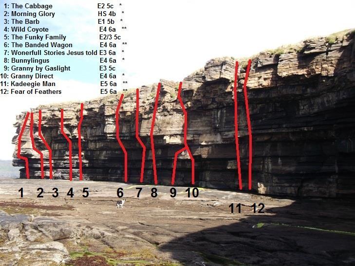 6 Morning Glory HS 4b 17m * Start directly beneath overhanging corner 6m right of Cois Farraige. Climb overhanging wall on large holds to a ledge on the left, beneath the corner.