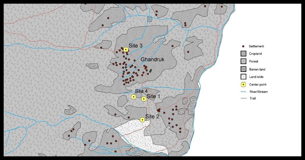 Fig. 2: Map of Ghandruk village Aim: Projects Abroad designed a habitat survey to identify the preferred environment of the Pied Thrush in the ACA.