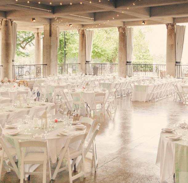 setup/cleanup + variety of rectangle and round tables + cocktail tables + white padded chairs + all-day access to bridal suite +
