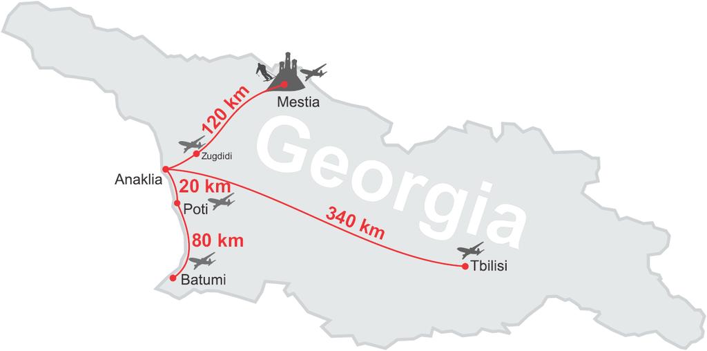 naklia on the Map of Georgia Easy ccess: Tbilisi 340 km Capital of Georgia Batumi 100 km Resort and Entertainment Centre Mestia 120 km nnual Mountain Resort, a place ranked #6 by New York Times in