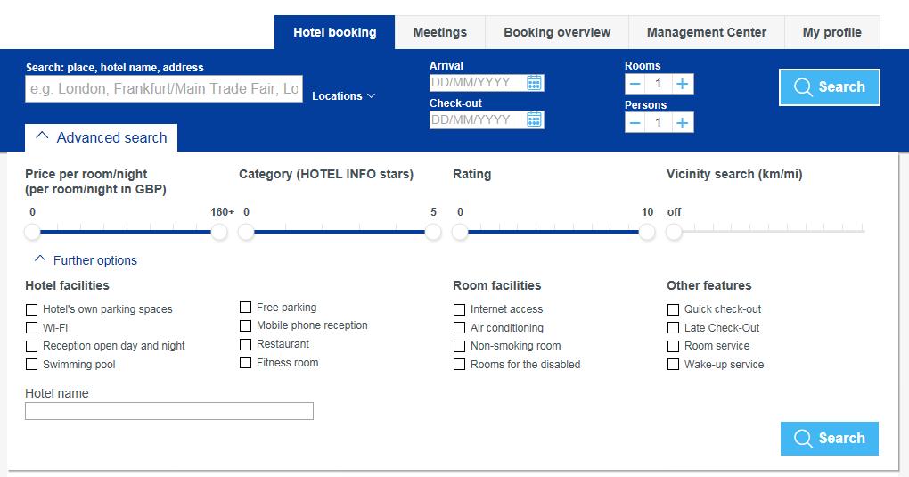 Hotel search Advanced search Filter your hotel results according to your needs using the Advanced search.