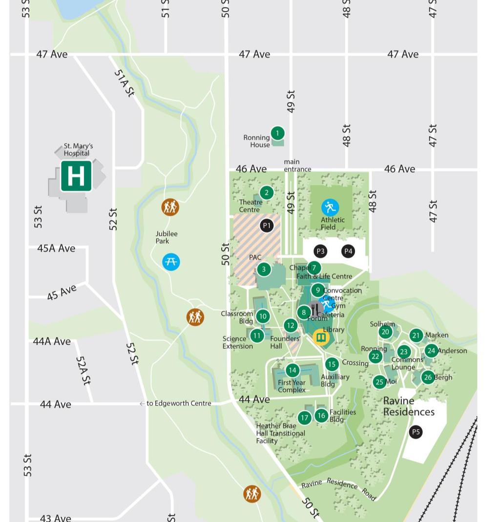 CAMPUS MAP AREAS TO KNOW P4 Visitor Parking. Please use Student or Visitor parking, but avoid parking in Staff or Faculty labelled spaces. 8 Forum.