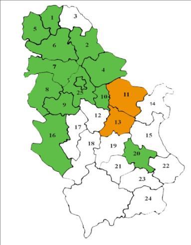 Distribution and prevalence of Trichinella infection in 5 districts of Serbia 11 1.4 >.5 (.).1 6-1.5.5 Prevalence >.5 Prevalence <.5 The Republic of Serbia is divided into districts (4, excl.