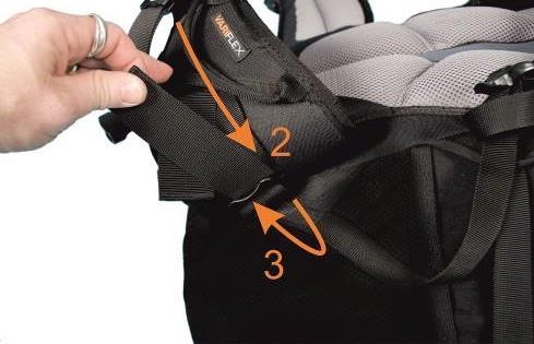 First undo the main buckle. Next insert it into the Deuter carrying system from the side (Fig. 23) in the lower opening provided for it.