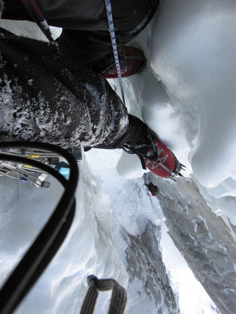 Looking down the overhanging offwidth ice pitch to Gareth.