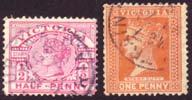 00 21-21 Australian Colonies - Victoria: Partial TPO (UP / DOWN TRAIN) cancels on ½d aniline rosine and 1d bright orange Stamp Duty stamps of 1886 series
