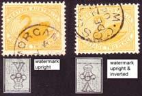 00 21-22 Australian Colonies - Western Australia: 2 x 2d yellow Swan, P12-12½, wmk V over Crown, CDS - one with watermark upright, the other upright and