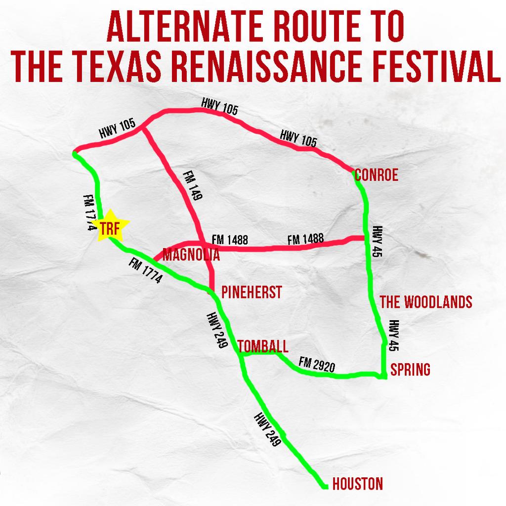 Please see the map for an alternate route traveling from the Houston area and/or plan for delays. Entering the Festival Grounds All traffic will enter the festival grounds from CR 302.