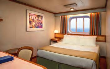 All staterooms feature fine standard amenities, including: comfortable queen or two twin beds, refrigerator, flat-panel TV, private bathroom with shower, hair dryer, 100% cotton, high thread count