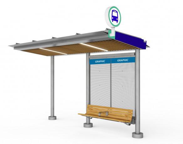 resistant perforated aluminum back panels or tempered glass walls; 2 upper back panel inserts with BC Transit logo, two person wooden bench and an unlit system icon.