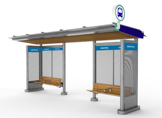 support columns; vandal resistant perforated aluminum panels or tempered glass walls; 2 side panel inserts with BC Transit logo, two person wooden bench and an unlit system icon.
