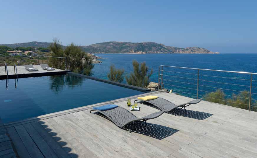 Viewed from the spacious decked terrace, the sea seems to merge with the waters of the infinity swimming pool and most guests will be content to relax and take in the sight of passing boats from the
