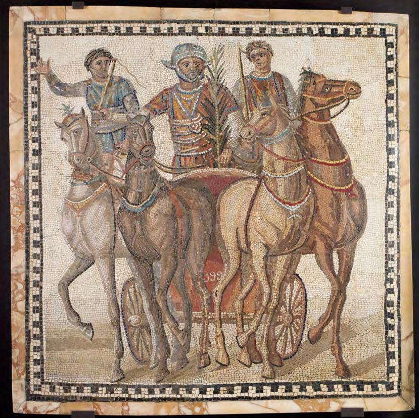 Mosaic with quadriga Games and Entertainment Venues dedicated to recreation, such as the theatre, the amphitheatre, the circus and baths, and the activities held there is the focus of this area.