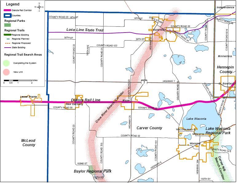 2. The trail could connect to County Road 30, allowing users to continue into Lester Prairie on the roadside shoulder; or, 3. The trail could extend into Lester Prairie on the existing railroad grade.