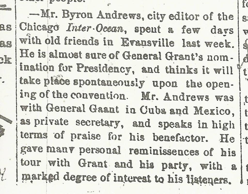 3, col. 2, Evansville, Wisconsin Misses Marrilla and Elnora Andrews leave for Dakota in a few days, to visit brothers who have large land interests. June 17, 1882, Evansville Review, p. 1, col.