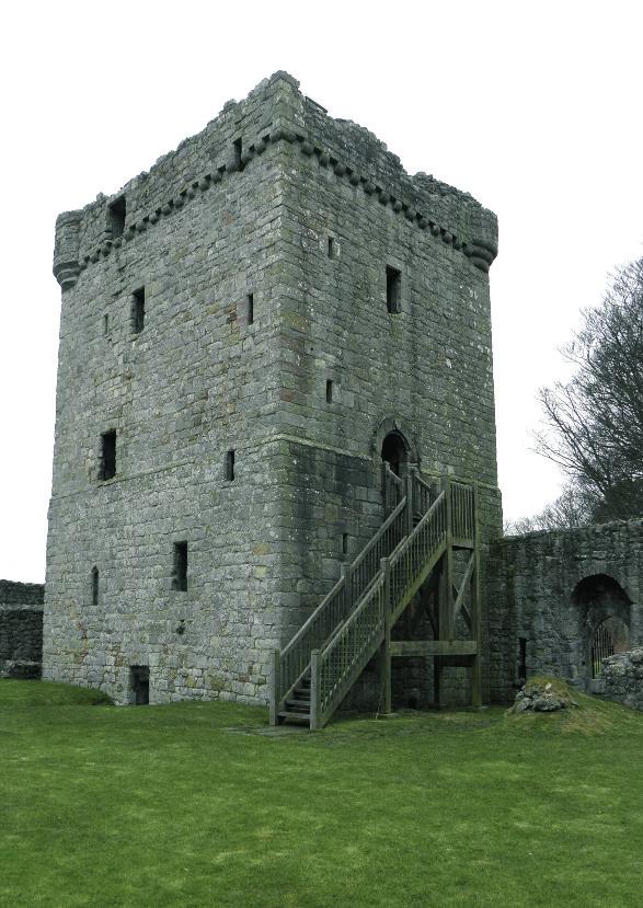 Lochleven Castle. The tower-house from the south-east. Note the chamfered or splayed offset course at second floor, entry level.