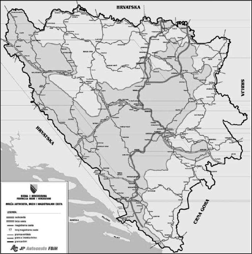 Figure 2 - The network of motorways, state and regional roads in Bosnia and Herzegovina Source: [11] The route of the Transport Corridor Vc branch continues through the Republic of Croatia by the