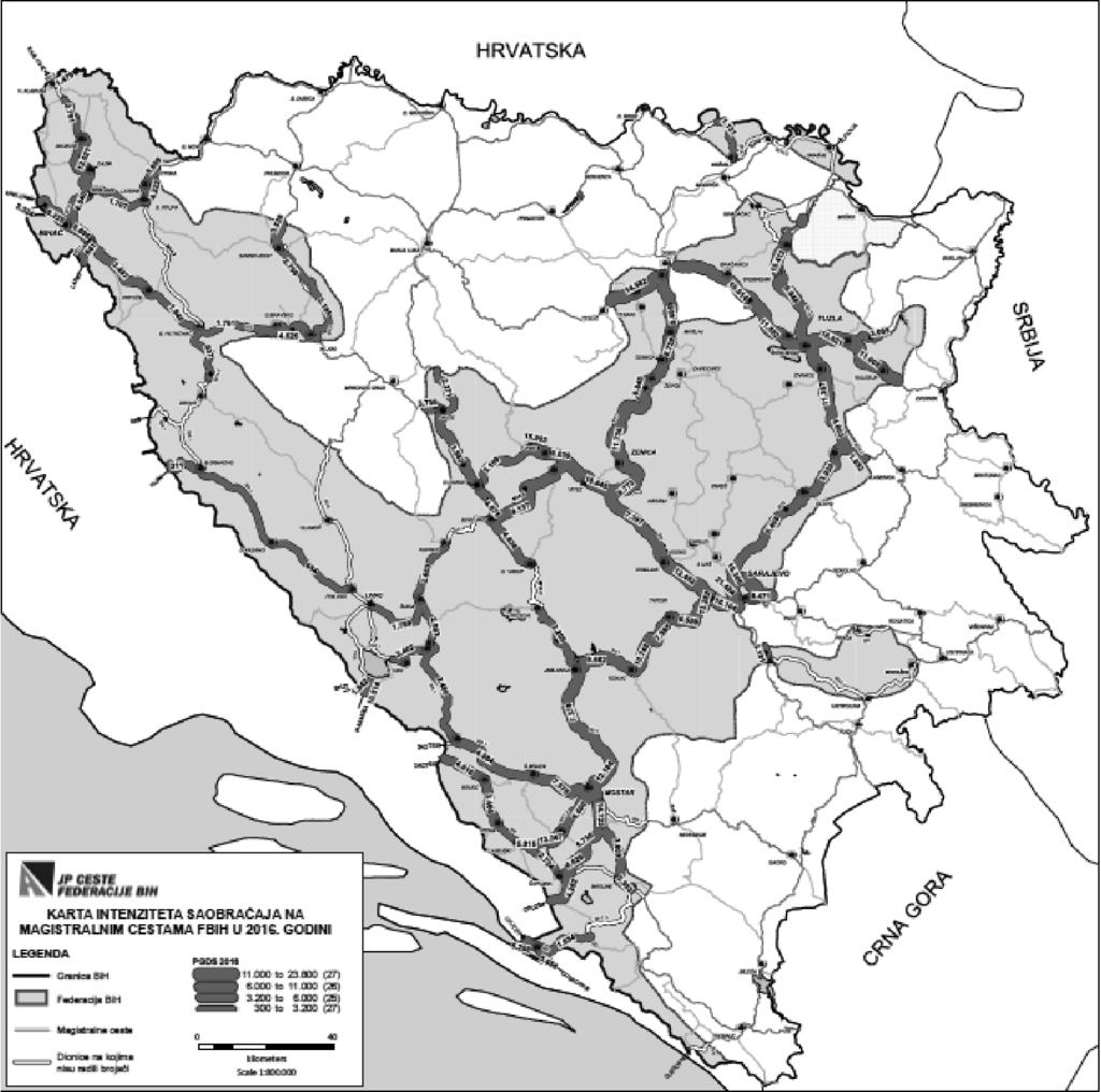 Figure 4 - Traffic intensity on state roads of Bosnia & Herzegovina in 2016 Source: [1] Although the congestion on certain road sections is related to tourist transit traffic, the aforementioned data