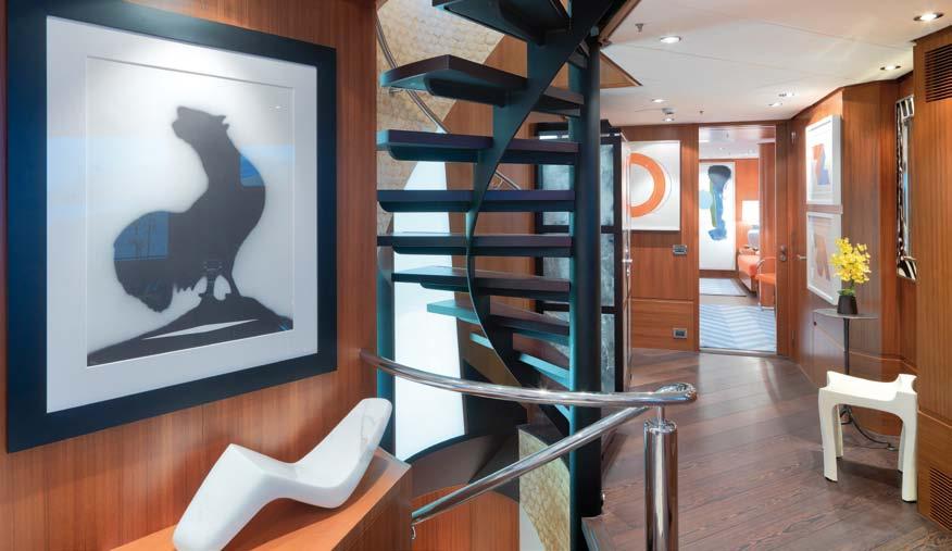 Hakvoort Book matched quarter sawn teak veneer panels set the tone in all the main areas of the yacht, with the ceilings being finished in Marjilite linen and the floors with wenge.