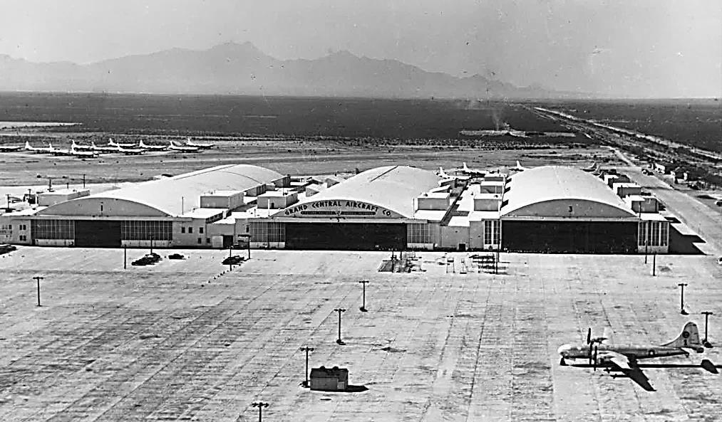 Historical Odds and Ends Grand Central Aircraft Company modified U.S. Air Force B-29 bombers in the three hangars from 1948-1952. Aerial view, looking south, around 1950.