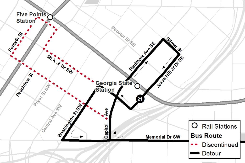 Route 21 - Memorial Dr Route 21 will be detoured around the Five Points area, and will operate to Georgia State Station.