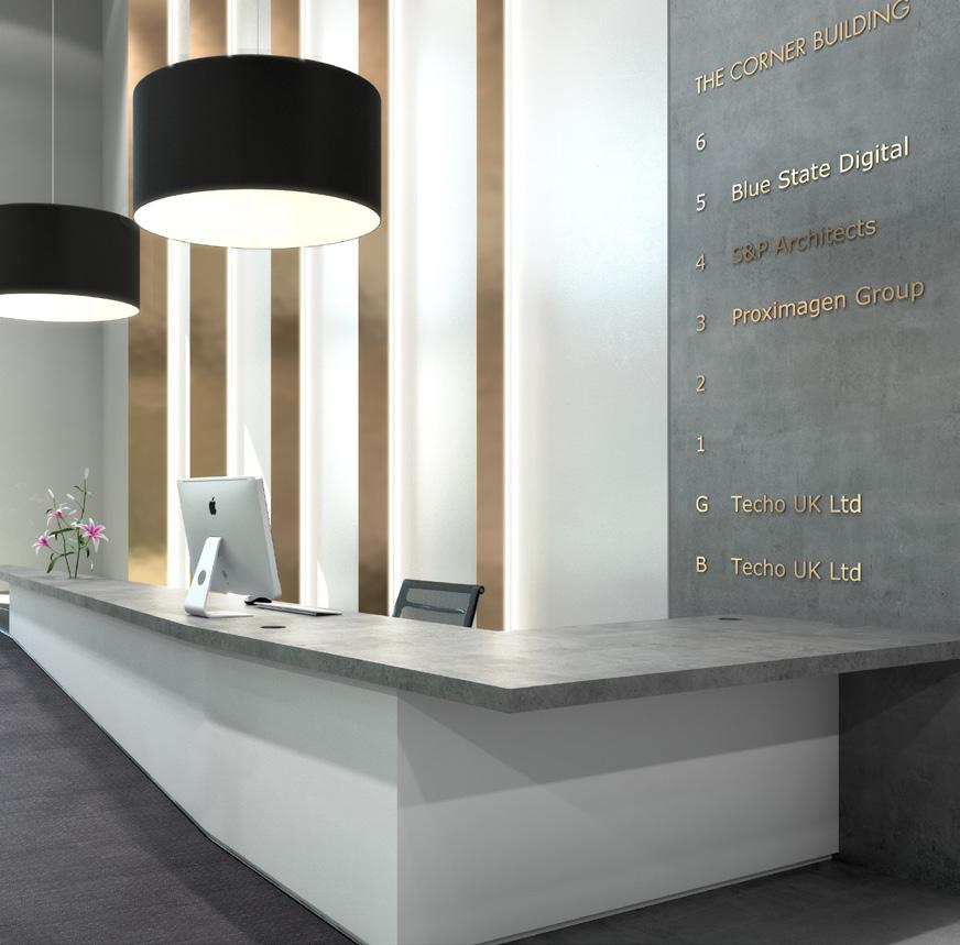 SPECIFICATION - Newly remodeled double height reception - Hand polished copper clad feature wall set behind a polished concrete reception desk - Bicycle rack & shower facilities