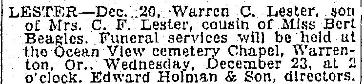 [Morning Oregonian, Portland, Oregon, Tuesday, December 22, 1931] 2. Frank M. Warren b. Sep 1871 Princeton, Bureau County, Illinois d. 06 Jun 1947 Clatsop County, Oregon m.
