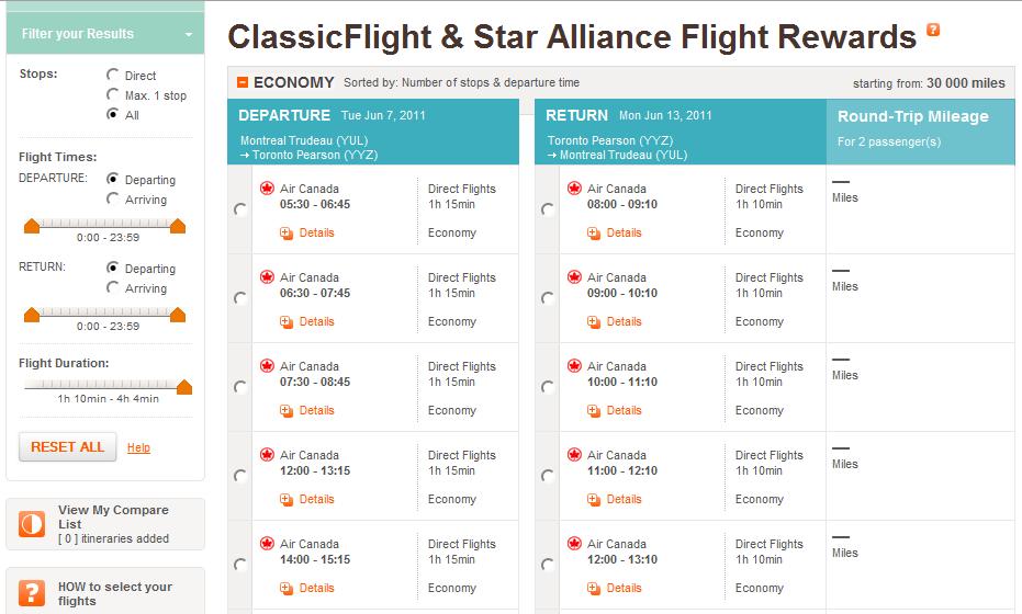 Air Canada 4 Screen shot of reward booking page from the carrier s