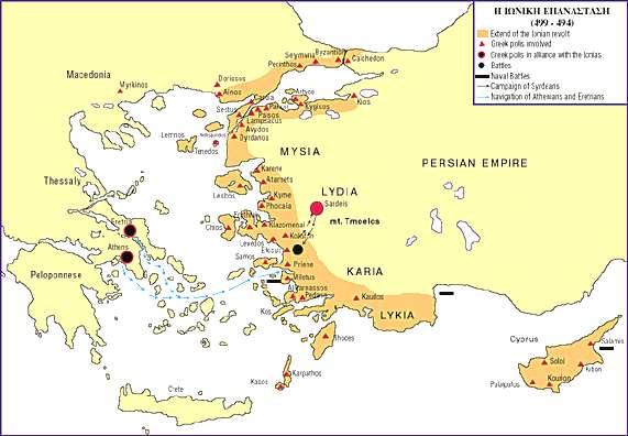The Persian Wars: Ionian Revolt The Ionian Revolt, which began in 499 B.C. marked the beginning of the Greek-Persian wars. In 546 B.C. the Persians had conquered the wealthy Greek settlements in Ionia (Asia Minor).