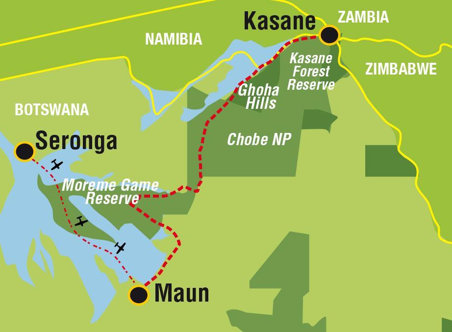 HIGHLIGHTS o 3 nights Moremi Game Reserve o 3 nights in Chobe National Park including Savuti o 1 night comfortable lodge, Victoria Falls Zimbabwe Please note: As the safari starts at 7.