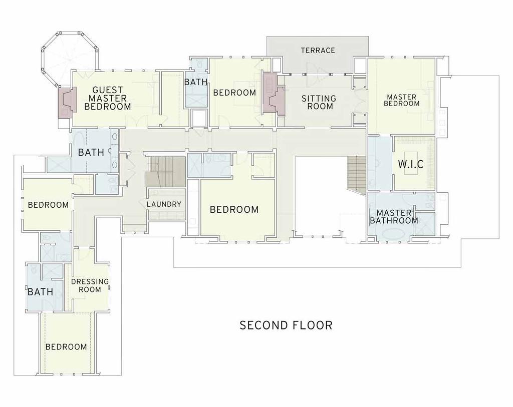 SECOND FLOOR SECOND FLOOR Master Bedroom Suite with: Fireplace Sitting Room Large Walk-In Closet with Custom Cabinetry & Center Island Private Terrace 4 Additional Closets Dressing Room with Make-up
