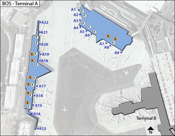 Boston Airport (KBOS) Operations Parking and Ground Operations There are four terminals at KBOS: A (consisting of a main and satellite terminal), B, C, and E.