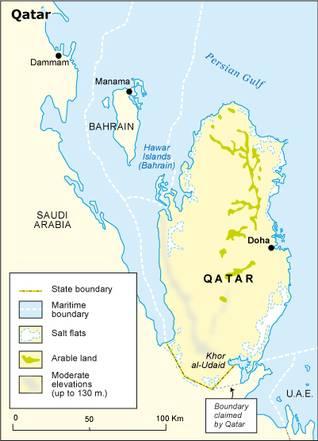 Qatar State Borders Geography and Climate Qatar is geographically closely related to the United Arab Emirates (UAE) and Kuwait. Its interior consists of undulating desert plains and salt flats.