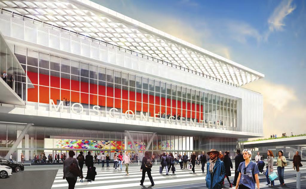 LEVEL TWO 50,000 square foot ballroom (column free) Pedestrian crossing facing Moscone South A new 50,000 square foot, column-free, flexible ballroom will accommodate more than 6,400 in a theater